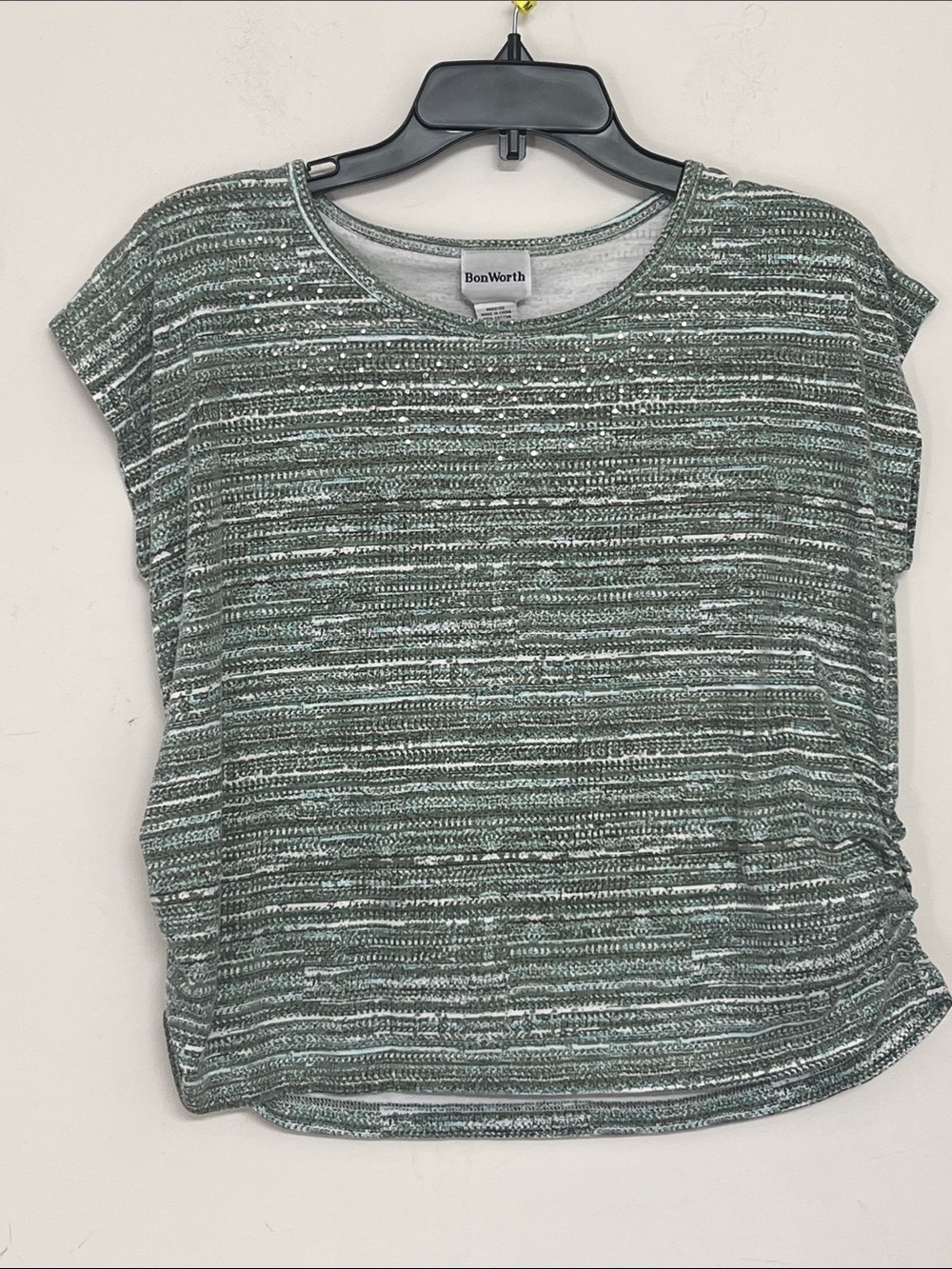 🌞 BonWorth Green Stripe Rhinestones Ruched Sides Short Sleeve Top women size XSP